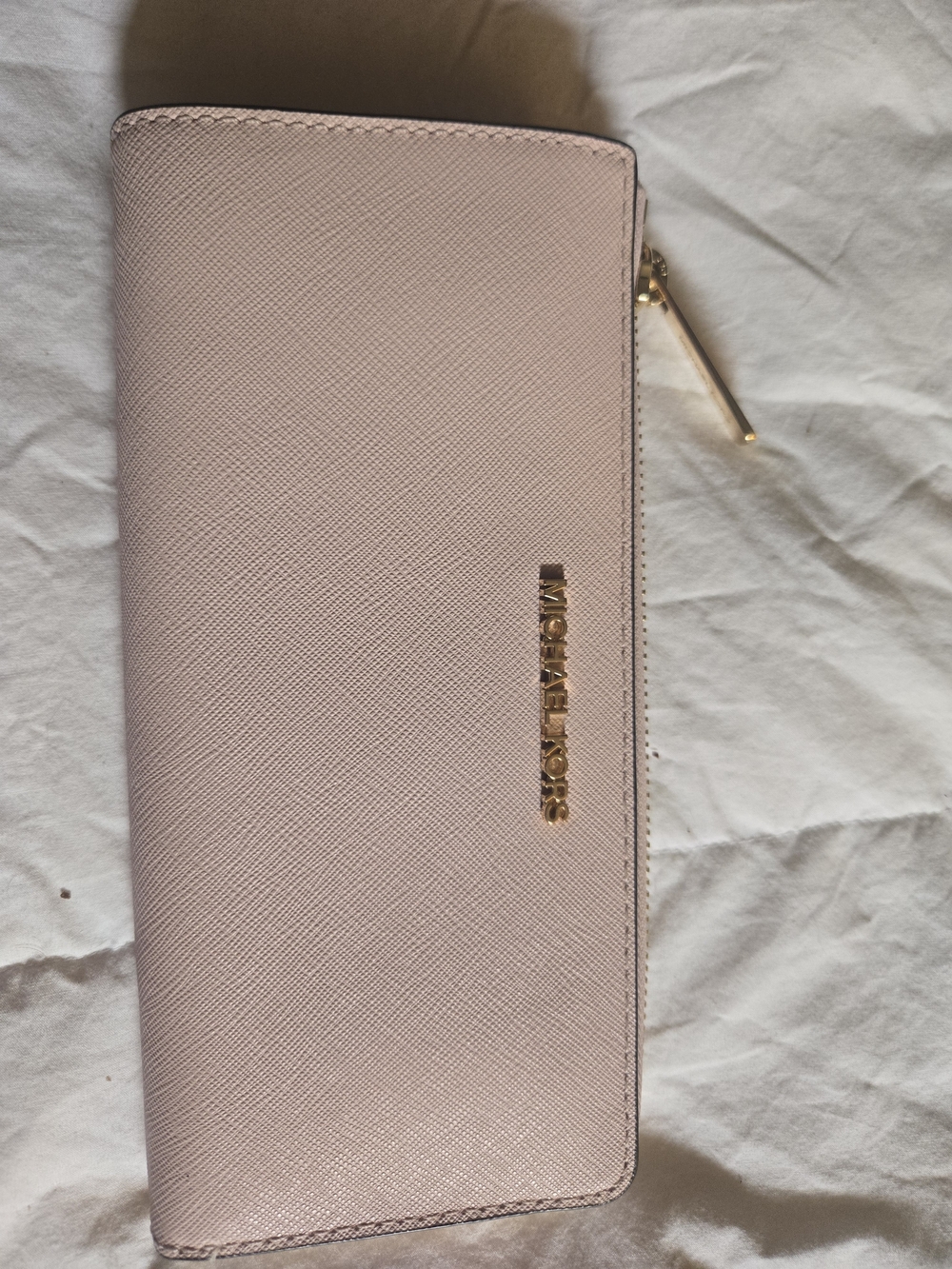 Michael Kors Pale Pink Saffiano Zip Wallet with Gold Hardware